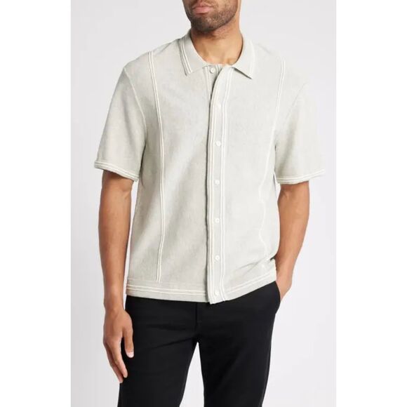 WAX LONDON Shirt Mens XS Gray Button Up Stripe Short Sleeve Knit MINORI $190 - Picture 1 of 9
